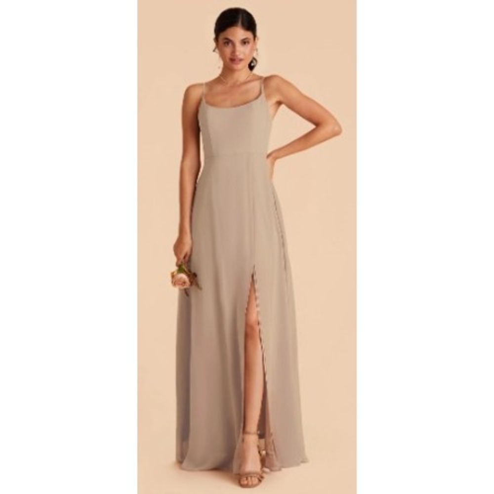 Birdy Grey Amy Chiffon Bridesmaid Dress Almond‎ Taupe Slit Spaghetti Medium